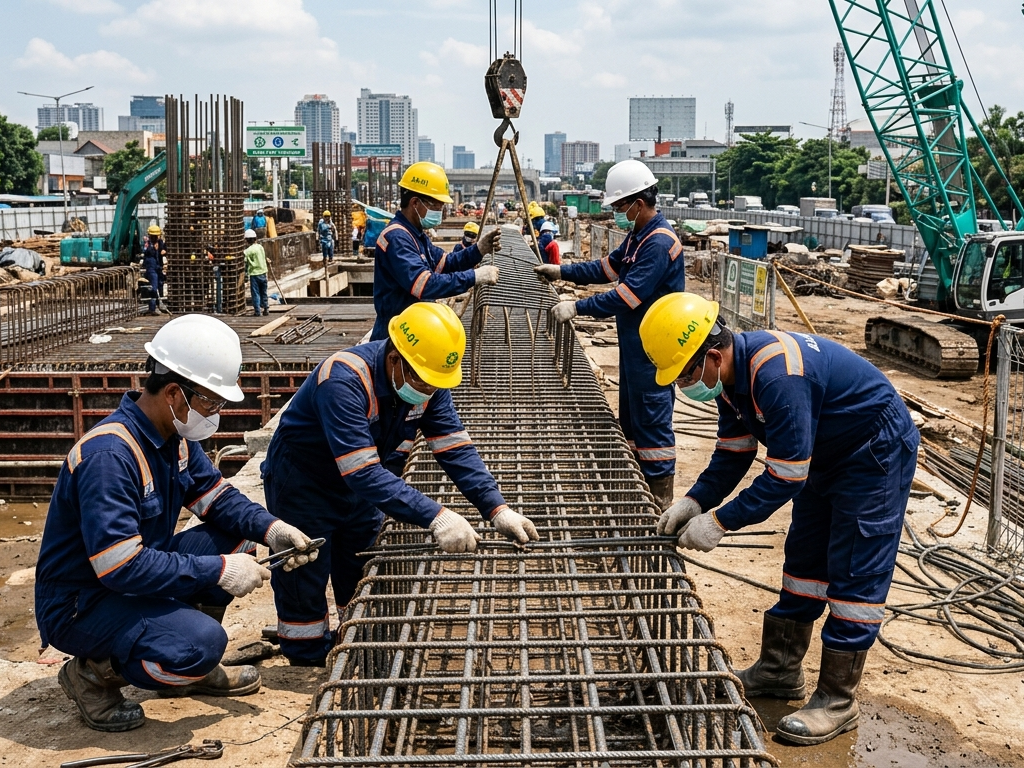 Team konstruksi sipil sendang melakukan perakitan tiang besi konstruksi
