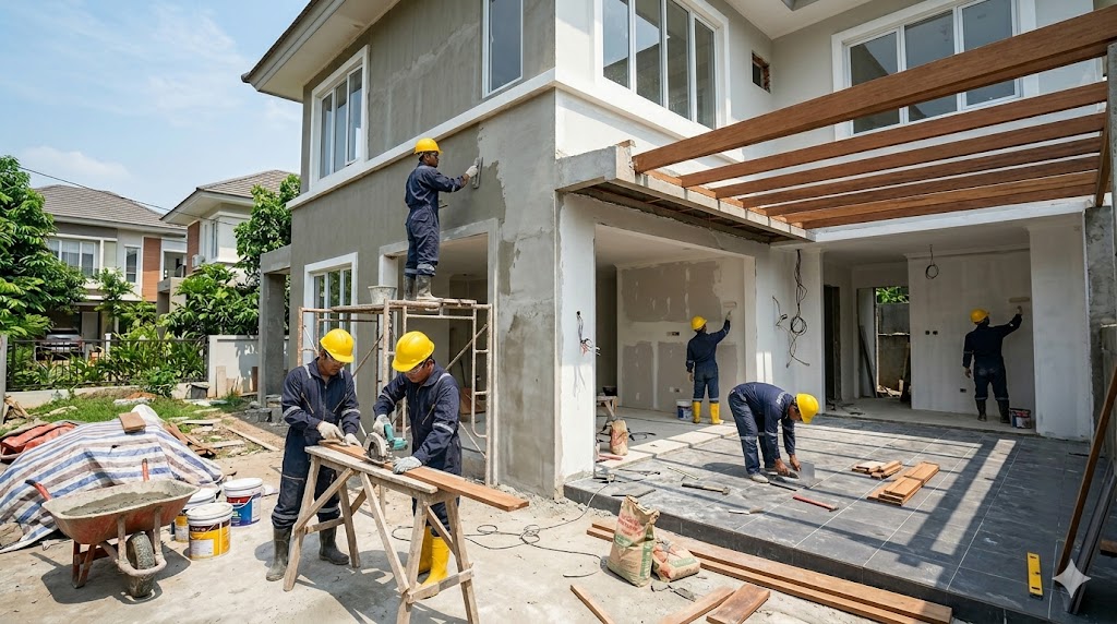 Proyek renovasi rumah hunian dari Trinata Teknik menunjukkan para pekerja profesional yang mengutamakan keselamatan kerja (K3) di lokasi konstruksi.