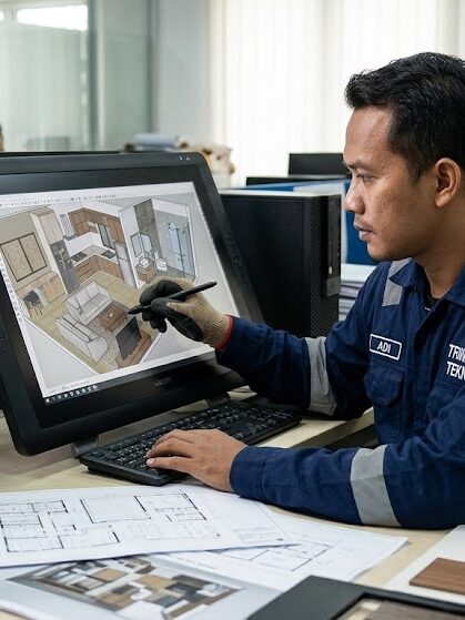 Desainer interior Trinata Teknik sedang membuat desain 3D tata letak ruangan rumah di komputer.