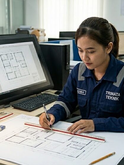 Arsitek wanita Trinata Teknik sedang membuat design arsitektur  rumah di komputer.