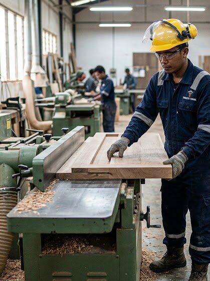 Seorang tukang Trinata Teknik sedang memproduksi interior custom furniture.