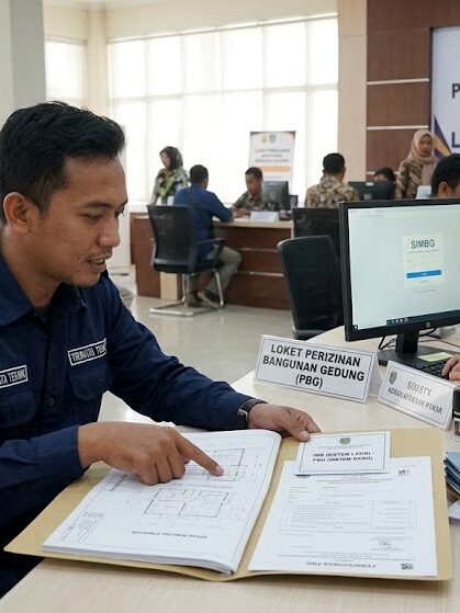 Seorang Karyawan Trinata Teknik sedang mengurus perizinan IMB DAN PBG RUMAH.