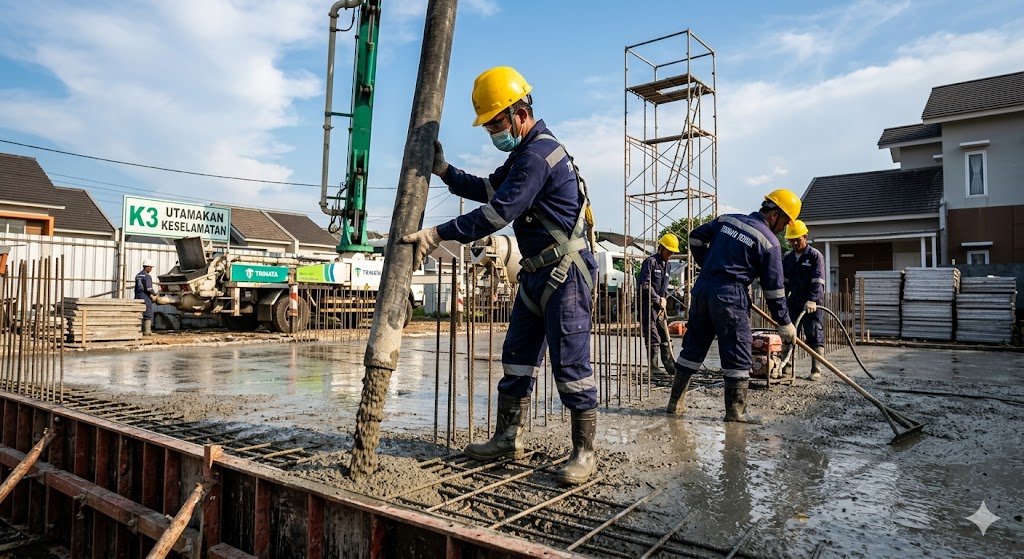 Proses pengecoran rumah dua lantai oleh tim kontraktor profesional Trinata Teknik menggunakan APD lengkap dan safety.