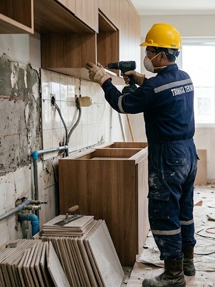 Seorang tukang Trinata Teknik sedang melakukan renovasi ruangan rumah.