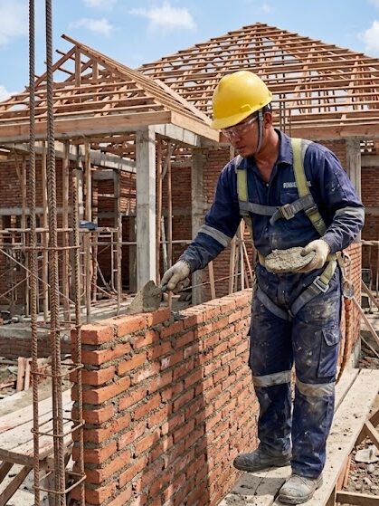 Seorang tukang Trinata Teknik sedang melakukan pembangunan rumah baru.